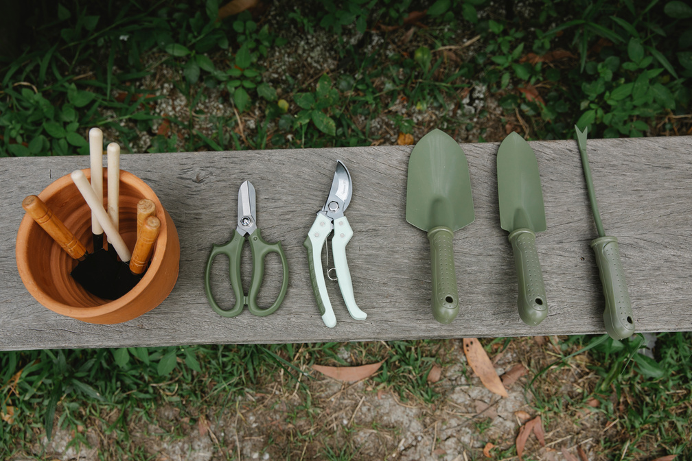 Gardening tools on wooden bench in yard